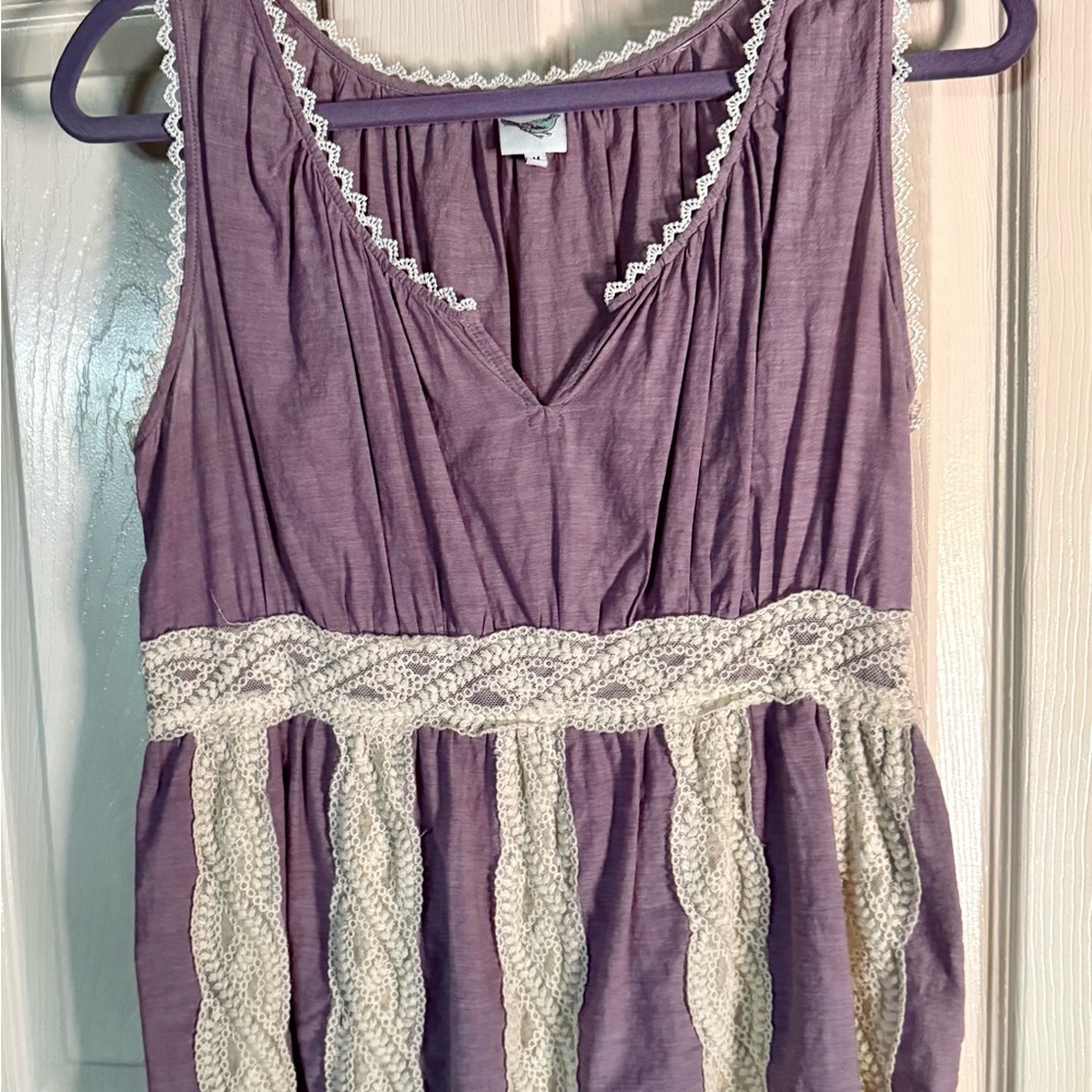 EUC Anthropologie Lavender Purple Cotton & Ivory Lace Boho Cottage Core Top Sz M